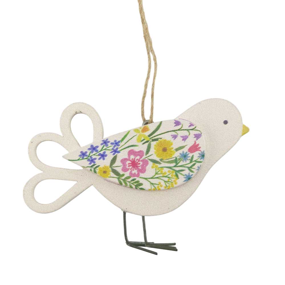 White Floral Bird | Hanging Easter Wooden Decoration | 9cm Wide | Gisela Graham