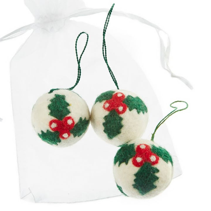 5cm Felt Holly Christmas Baubles - 3 Pack - Hanging Decoration | Fairtrade Felt