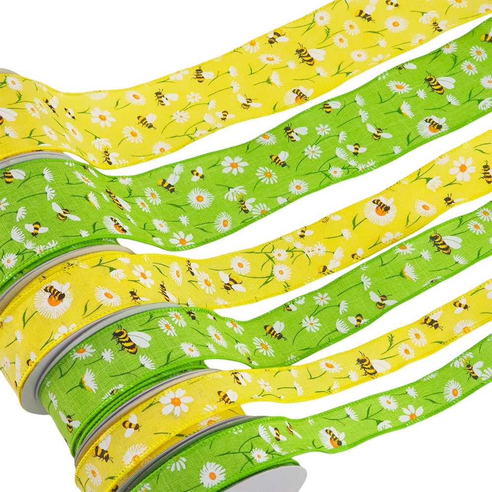 Bees & Daisies | Wired Edge Hessian Style Ribbon | 25/38/63mm Wide | 10m Reel