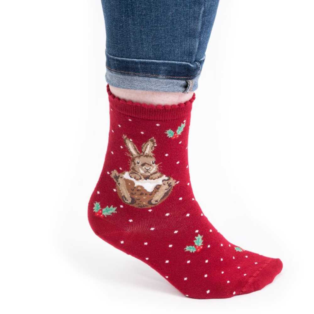 Christmas Pud Bunny | Ladies Supersoft Bamboo Socks | One Size | Wrendale Designs