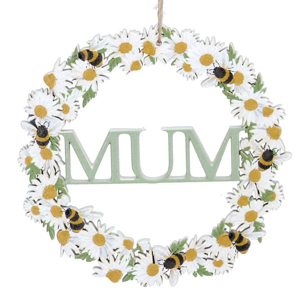 Mum | Bee and Daisy Wreath | 11cm Hanging Wooden Decoration