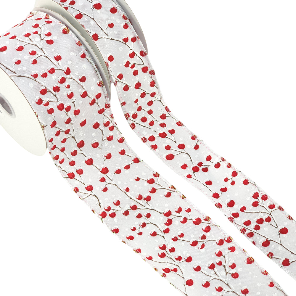 Snowy Glitter Berries | 38 or 63 mm Wide | Wire Edged Satin Christmas Ribbon