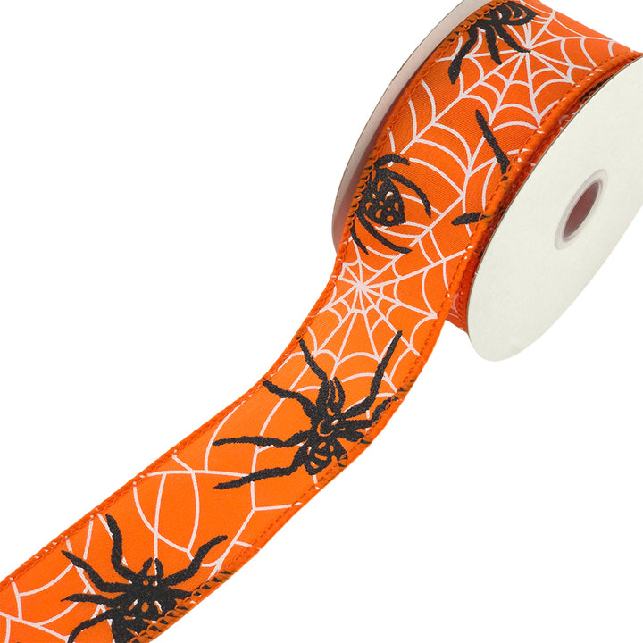 Orange Halloween Wire Edge Ribbon | Black Glitter Spider | 38 or 63mm | 10m Reel