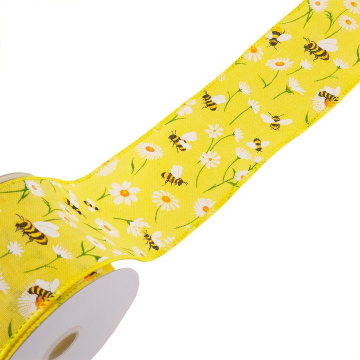 Bees & Daisies | Wired Edge Hessian Style Ribbon | 25/38/63mm Wide | 10m Reel