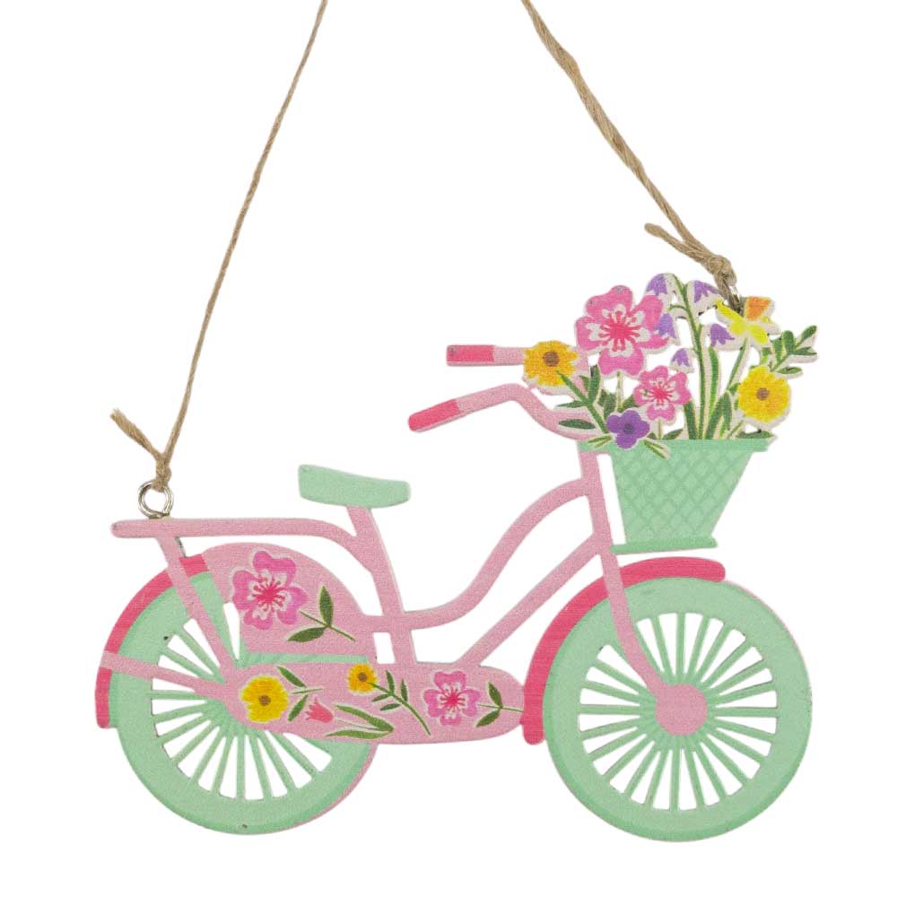 Pretty Springtime Bicycle | Hanging Wooden Ornament | 10cm Wide | Gisela Graham