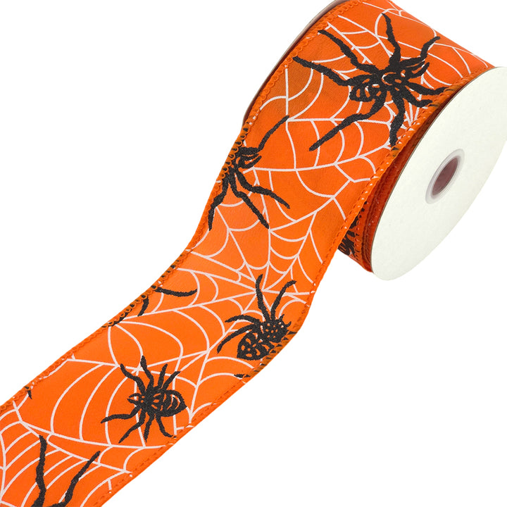 Orange Halloween Wire Edge Ribbon | Black Glitter Spider | 38 or 63mm | 10m Reel