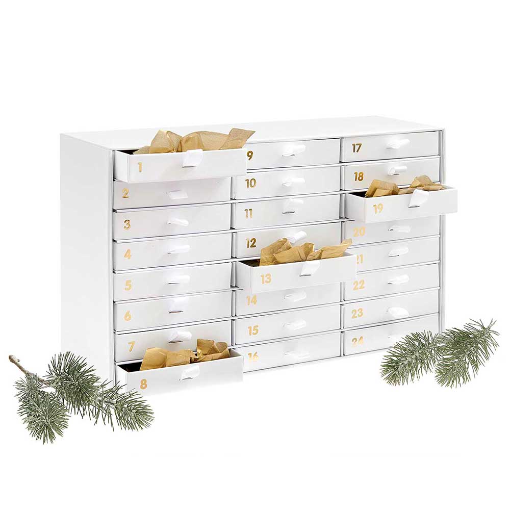 White & Gold | Advent Calendar Cabinet to Fill | 24 Drawers | 16 x 26 x 9.5cm