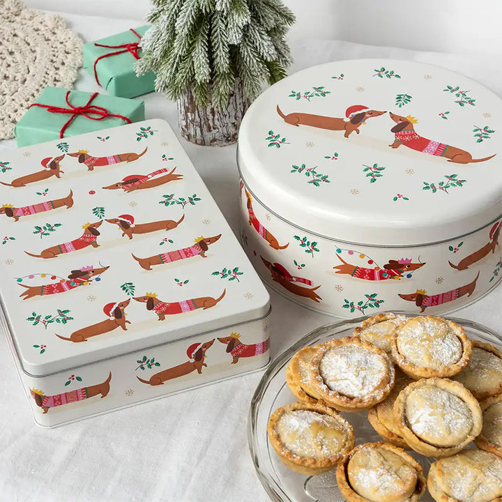 Sausage Dogs | Christmas Dachshund Mince Pie Storage Tin | 27 x 19 x 7cm