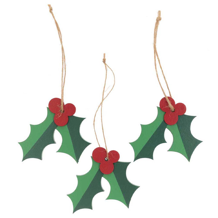 Holly & Berries | 3 Hanging Wooden Christmas Ornaments | 5.5cm Wide