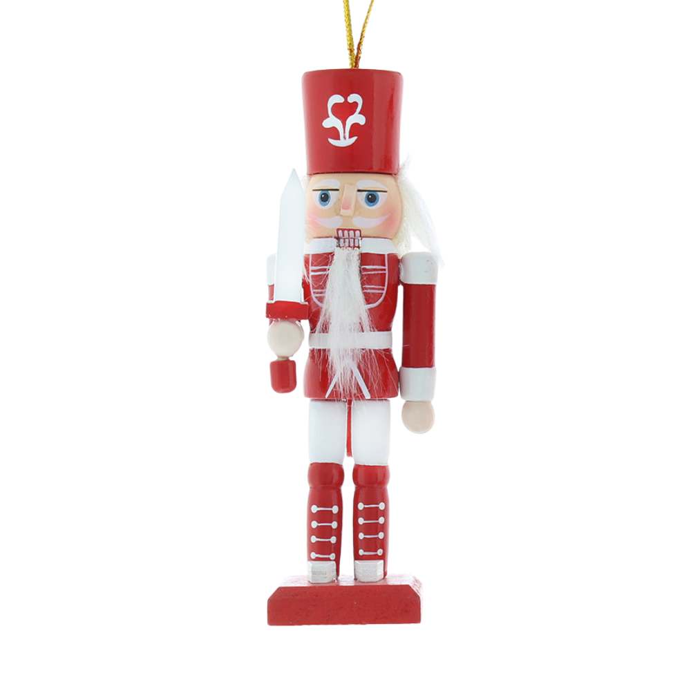 Red & White Nutcracker & Sword | Wooden Christmas Tree Decoration | 12cm Tall