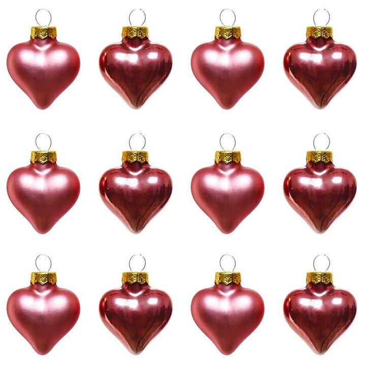 12Pk 4cm Real Glass Pink Heart Shaped Baubles | Christmas Tree Ornament