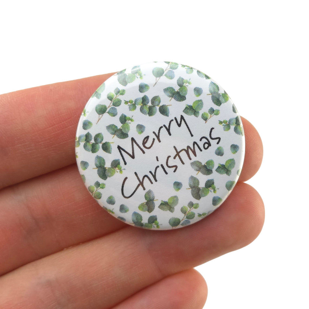 Watercolour Eucalyptus | Merry Christmas | 38mm Pin Badge | Cracker Filler