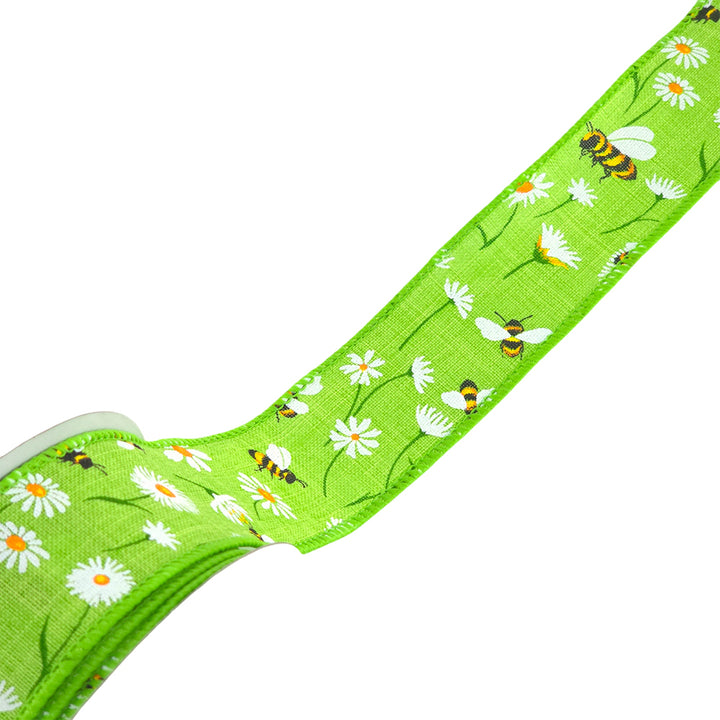 Bees & Daisies | Wired Edge Hessian Style Ribbon | 25/38/63mm Wide | 10m Reel