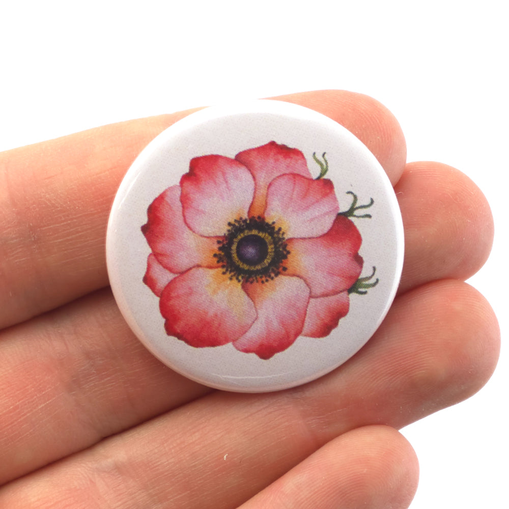 Pink Anemone Flower | 38mm Button Pin Badge | Mini Gift | Cracker Filler