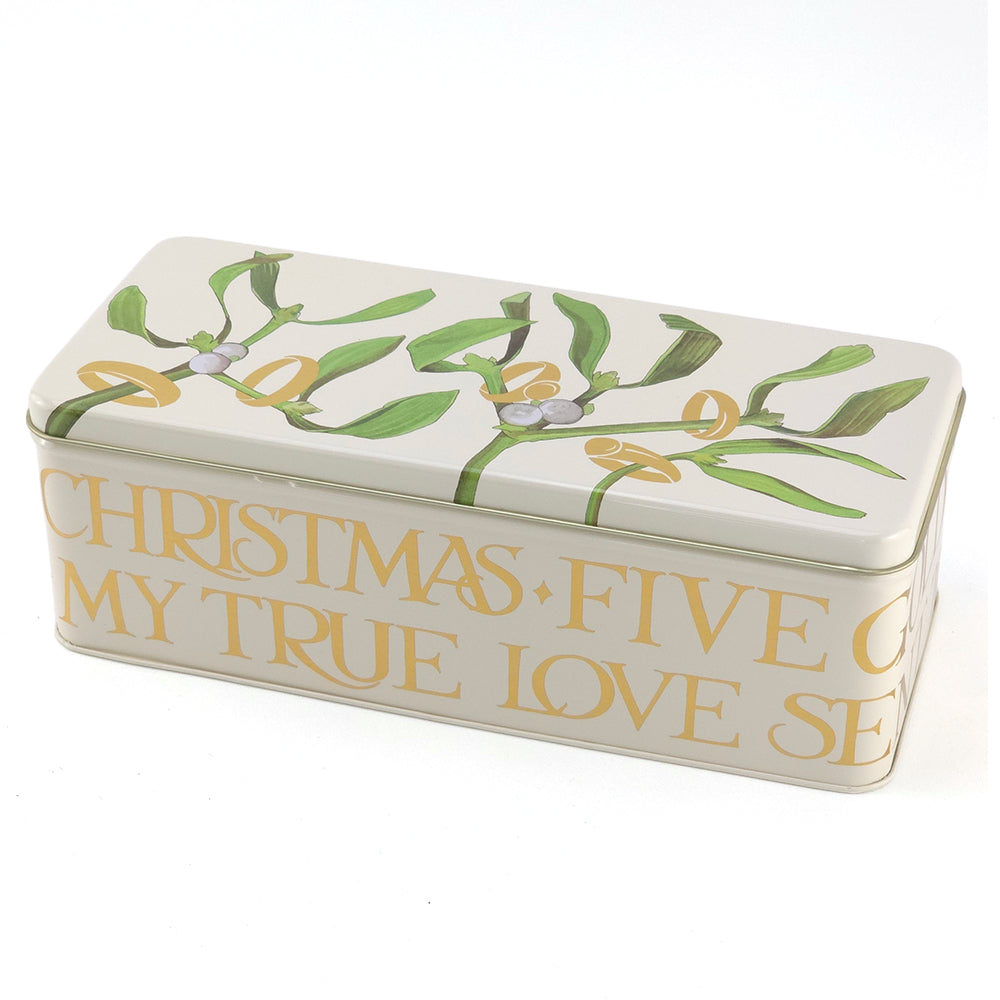 5 Gold Rings & Mistletoe | Long Rectangular Tin | Emma Bridgewater | 24x10.5x8cm