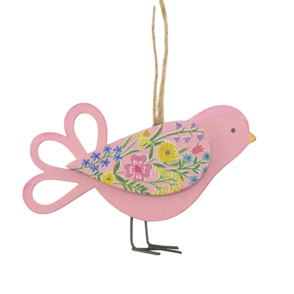 Pink Floral Bird | Hanging Easter Wooden Decoration | 9cm Wide | Gisela Graham