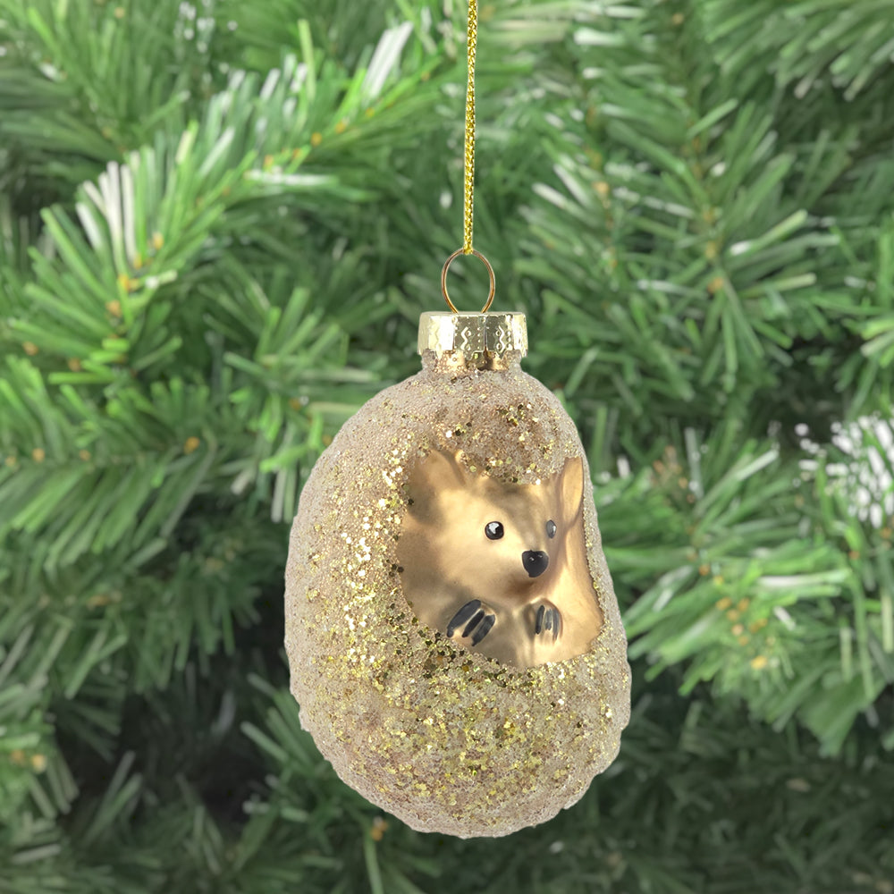 Hedgehog Glass Decoration | Glittered Christmas Tree Ornament | 8.5cm