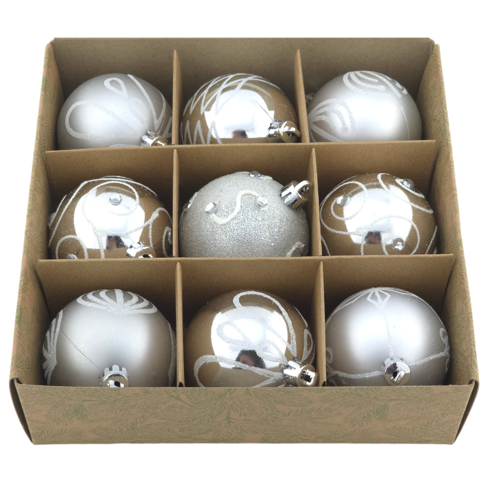 60mm Silver Christmas Baubles | Set of 9 | Shatterproof Tree Decorations