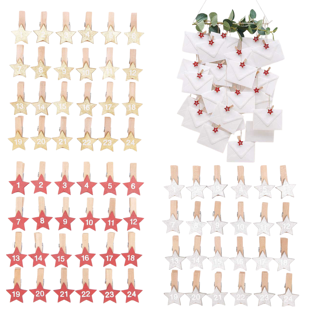 24 Numbered Advent Calendar Pegs with Stars | Make Your Own Calendar