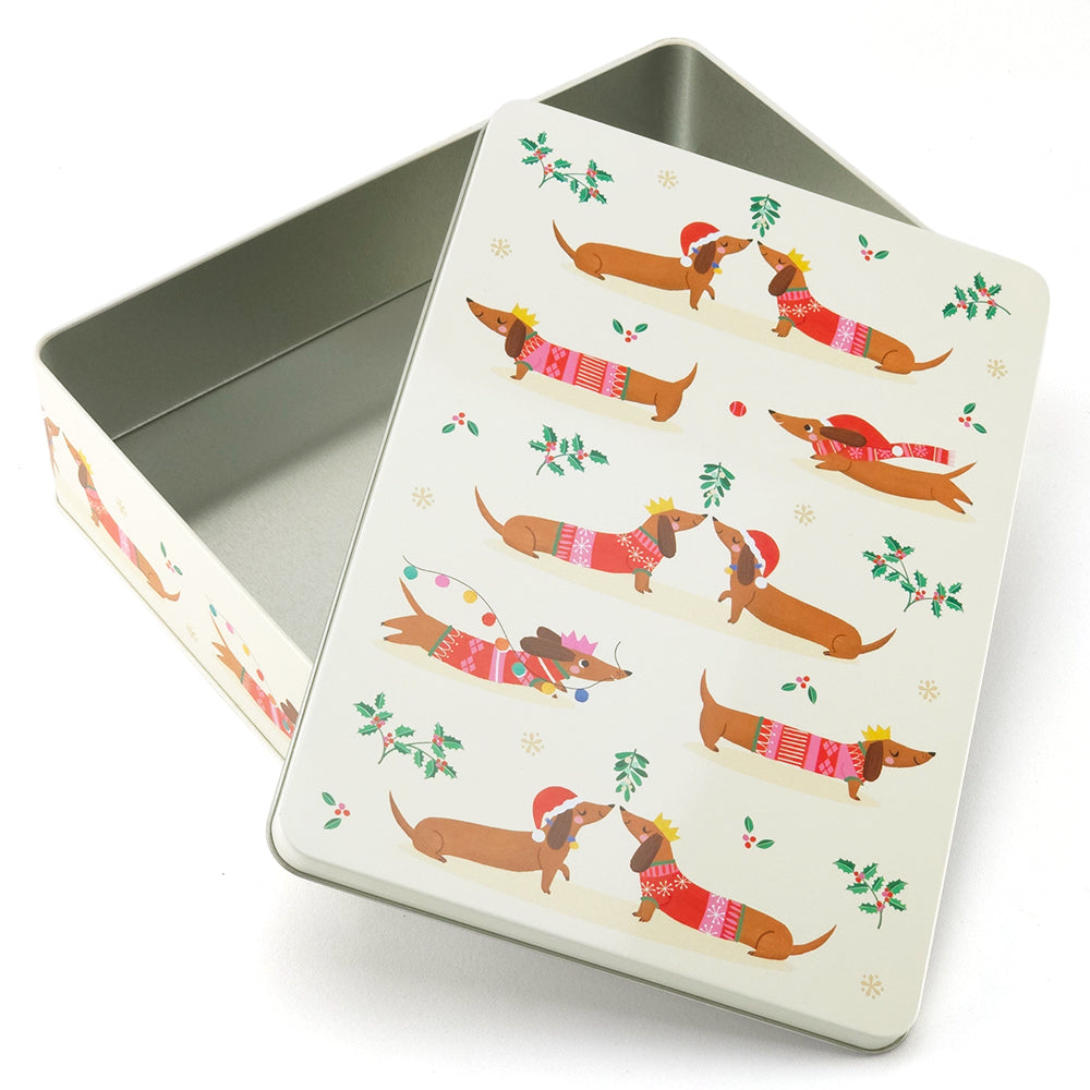 Sausage Dogs | Christmas Dachshund Mince Pie Storage Tin | 27 x 19 x 7cm