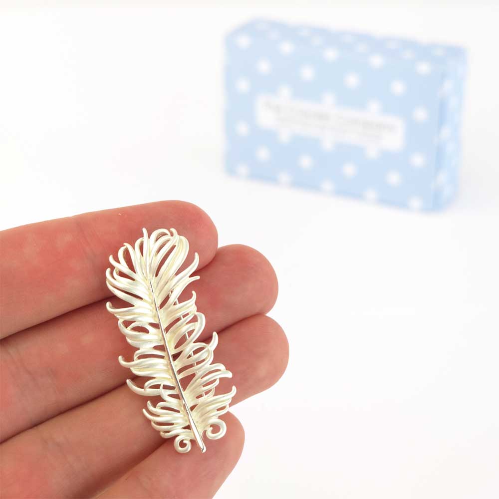 Pearlescent White Feather Brooch | 4.5cm Long | Little Gift | Cracker Filler