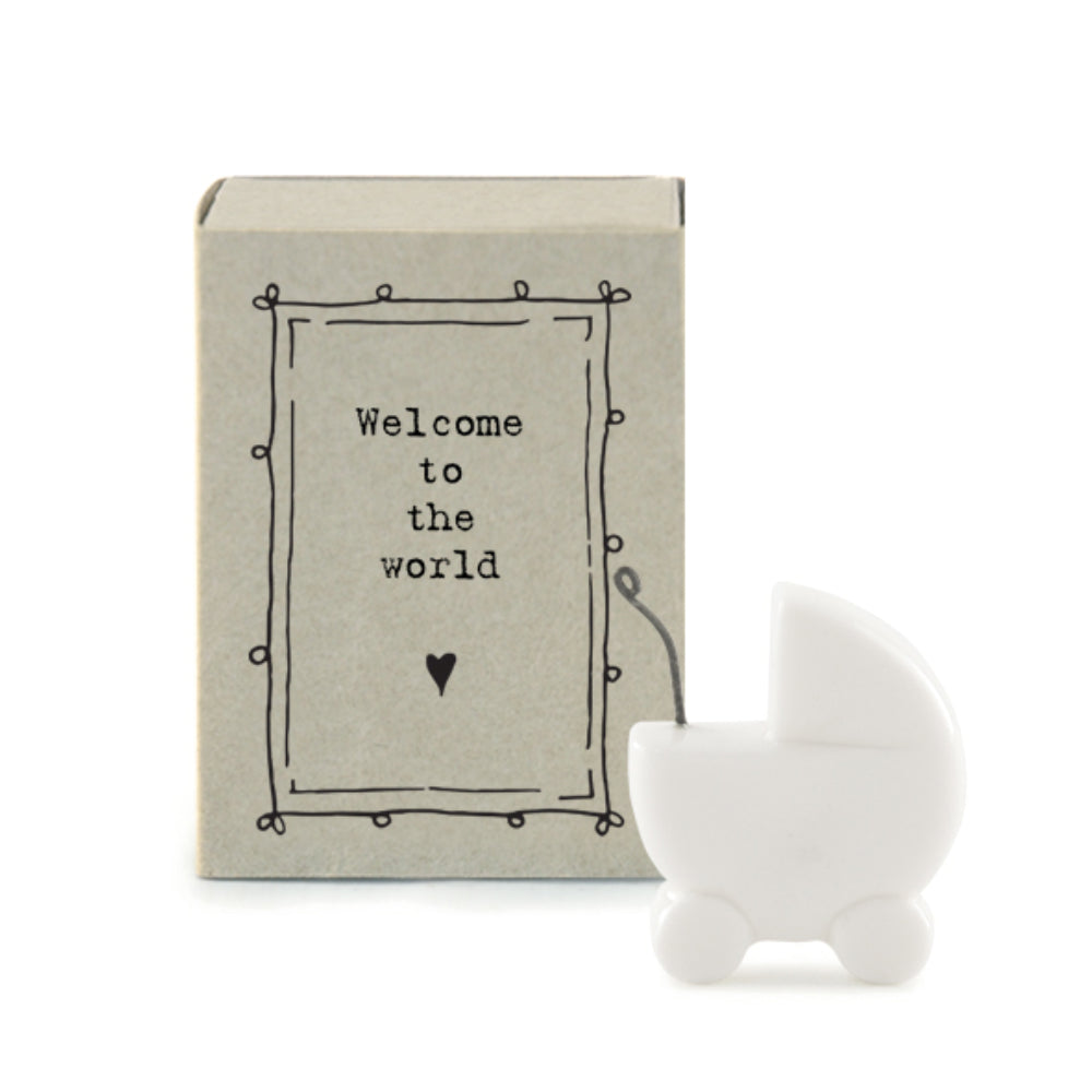 Welcome to the World New Baby | Ceramic Pram | Cracker Filler | Matchbox Gift