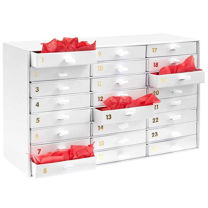 White & Gold | Advent Calendar Cabinet to Fill | 24 Drawers | 16 x 26 x 9.5cm