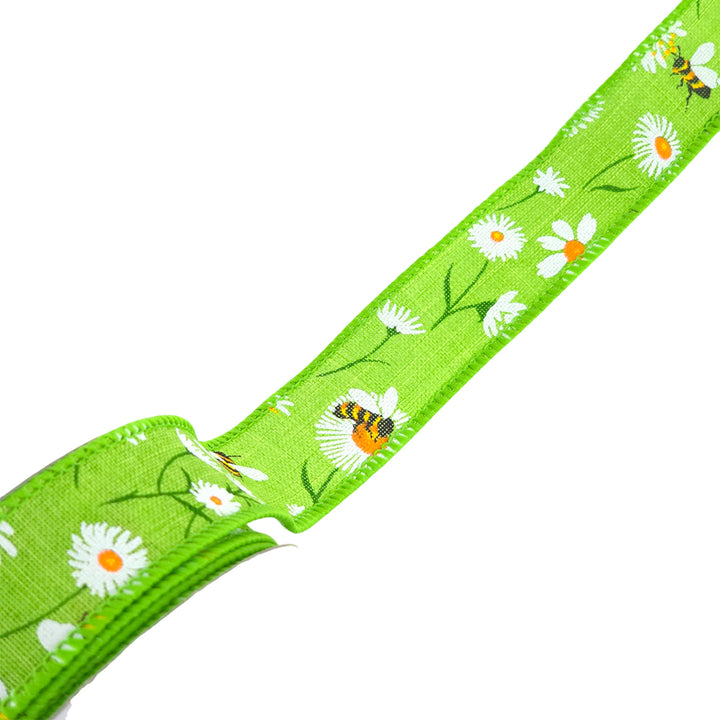 Bees & Daisies | Wired Edge Hessian Style Ribbon | 25/38/63mm Wide | 10m Reel