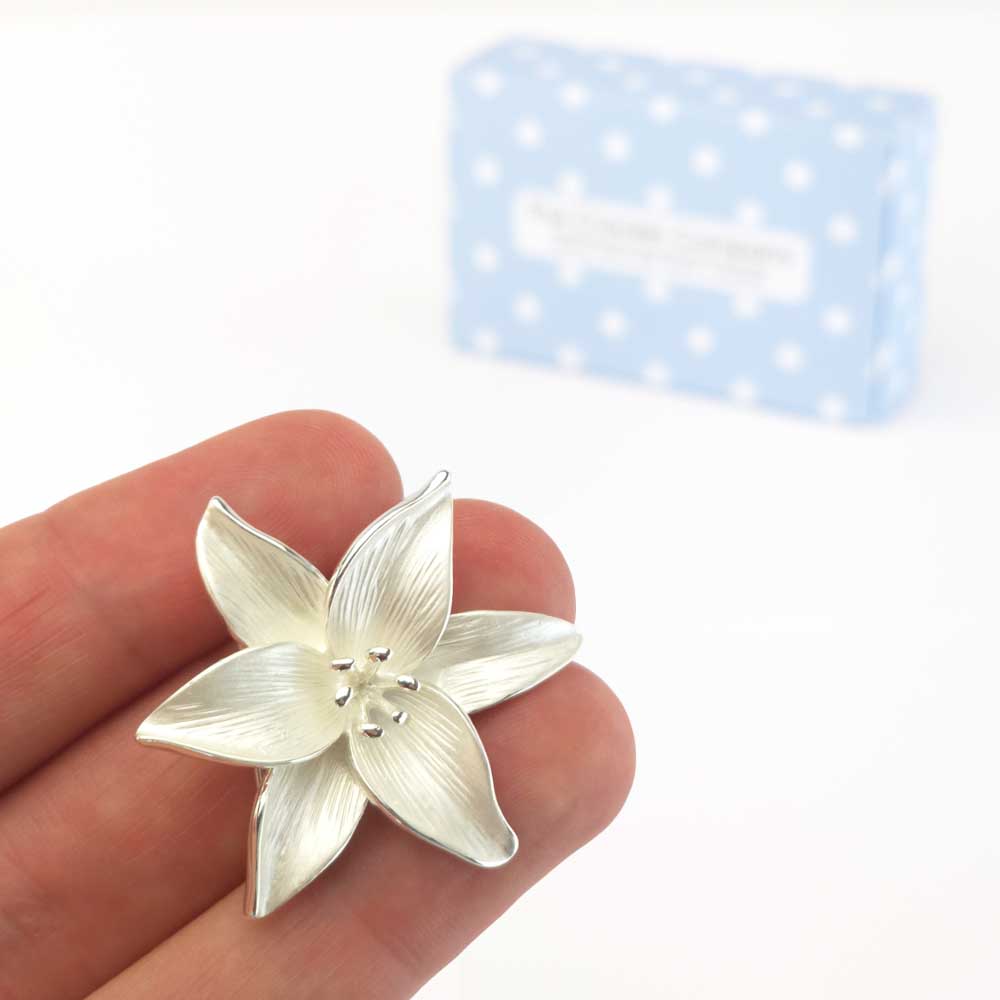 Lily Flower Brooch | Pearlescent White | 3.8cm Wide | Mini Gift | Cracker Filler