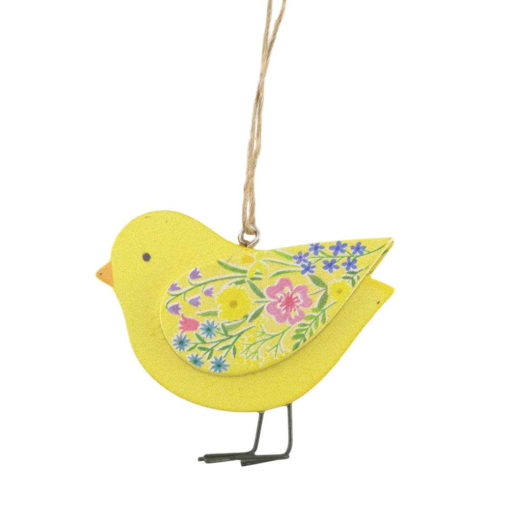 Yellow Floral Chick | Hanging Easter Wooden Decoration 7cm Wide | Gisela Graham