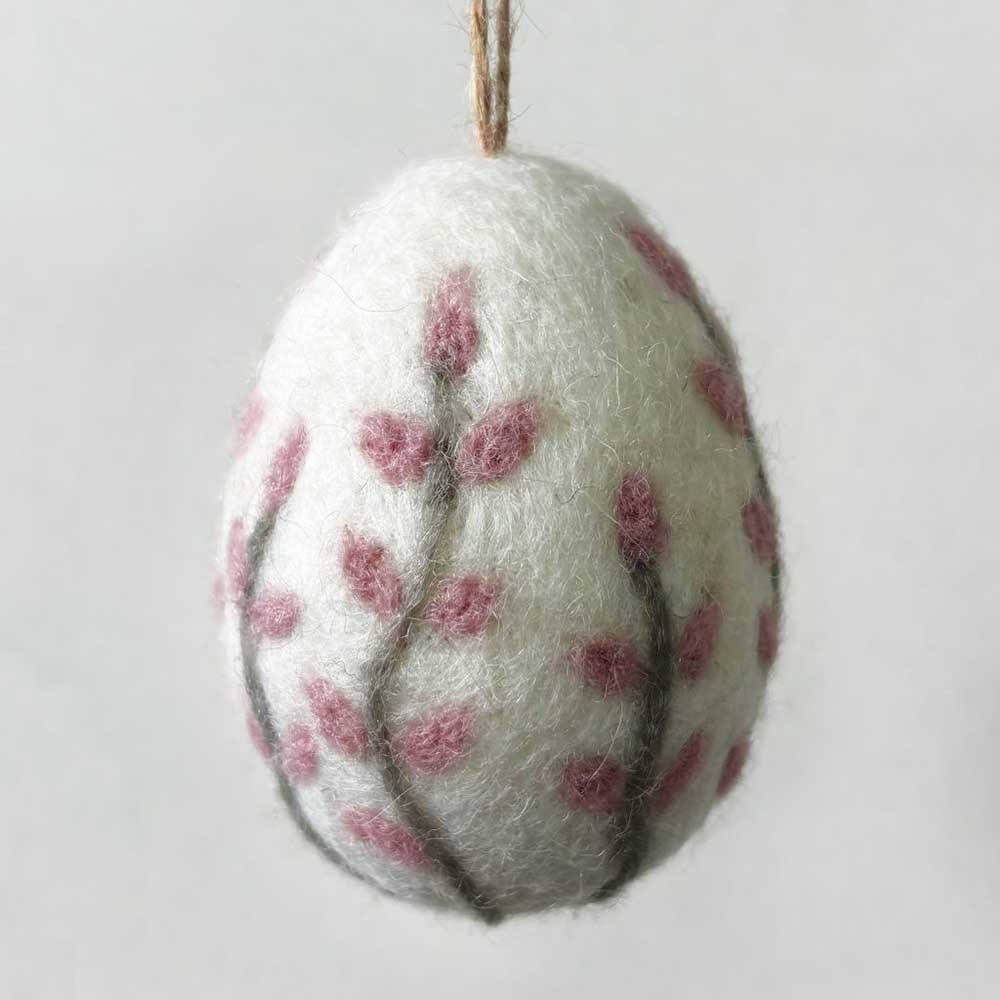 Large Pink Floral Hanging Felt Egg | Natural Easter Decoration | 6cm Tall