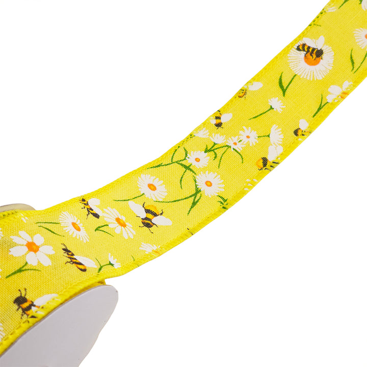 Bees & Daisies | Wired Edge Hessian Style Ribbon | 25/38/63mm Wide | 10m Reel