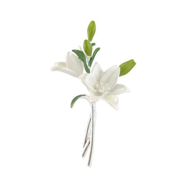 Lily Spray Brooch | Pearlescent White | 6.5cm Long | Mini Gift | Cracker Filler