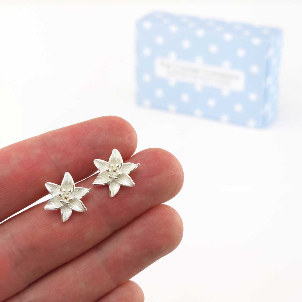 White Lily | Clip On Silver Tone Earrings | Little Gift | Cracker Filler