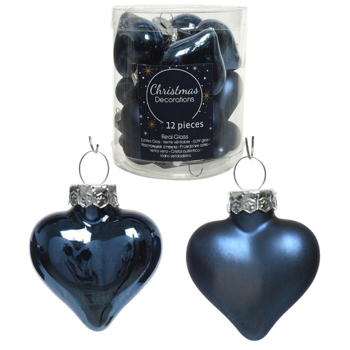 4cm 12 Glass Night Blue Heart Shaped Baubles | Christmas Tree Decorations