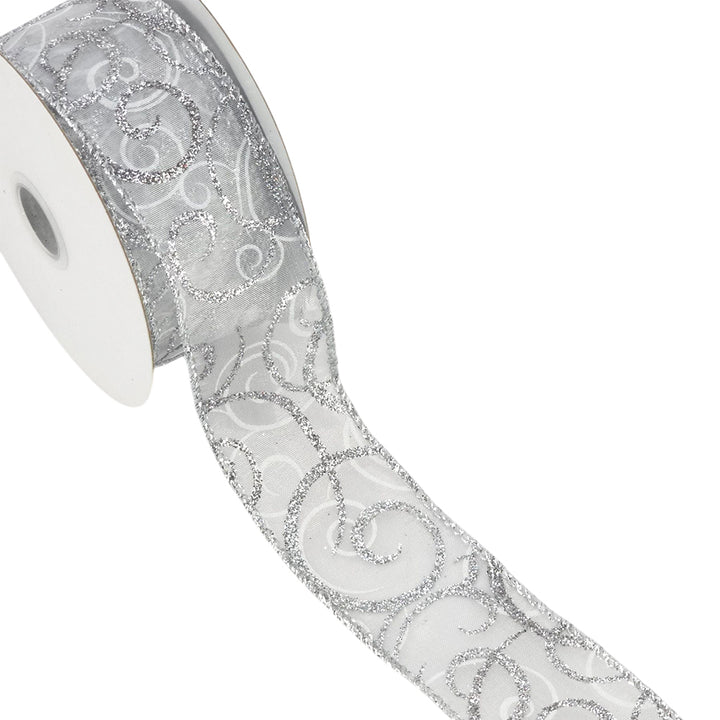 Silver/Gold Glitter Swirls | Wired Edge Organza Ribbon | 38/63mm Wide | 10m Reel