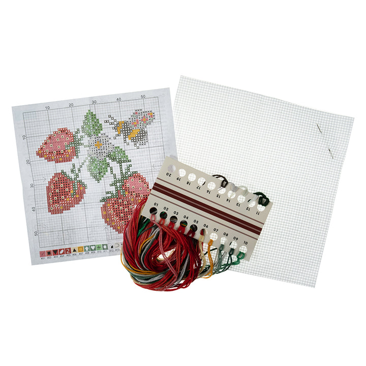 Strawberry & Bee | Small Cross Stitch | Complete Kit | 13cm