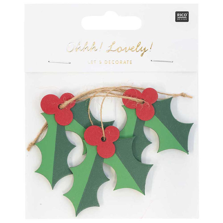 Holly & Berries | 3 Hanging Wooden Christmas Ornaments | 5.5cm Wide