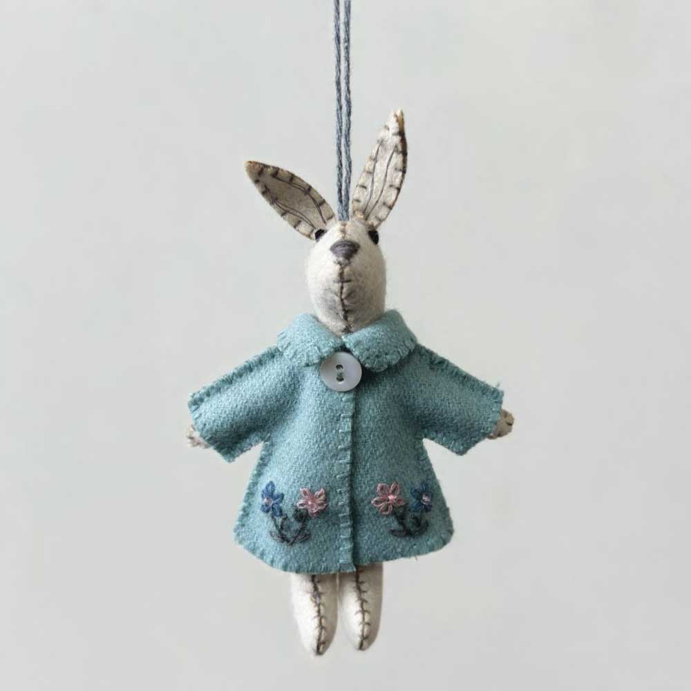 Little Rabbit in Natural Blue Jacket | Hanging Easter Ornament | 12cm Tall